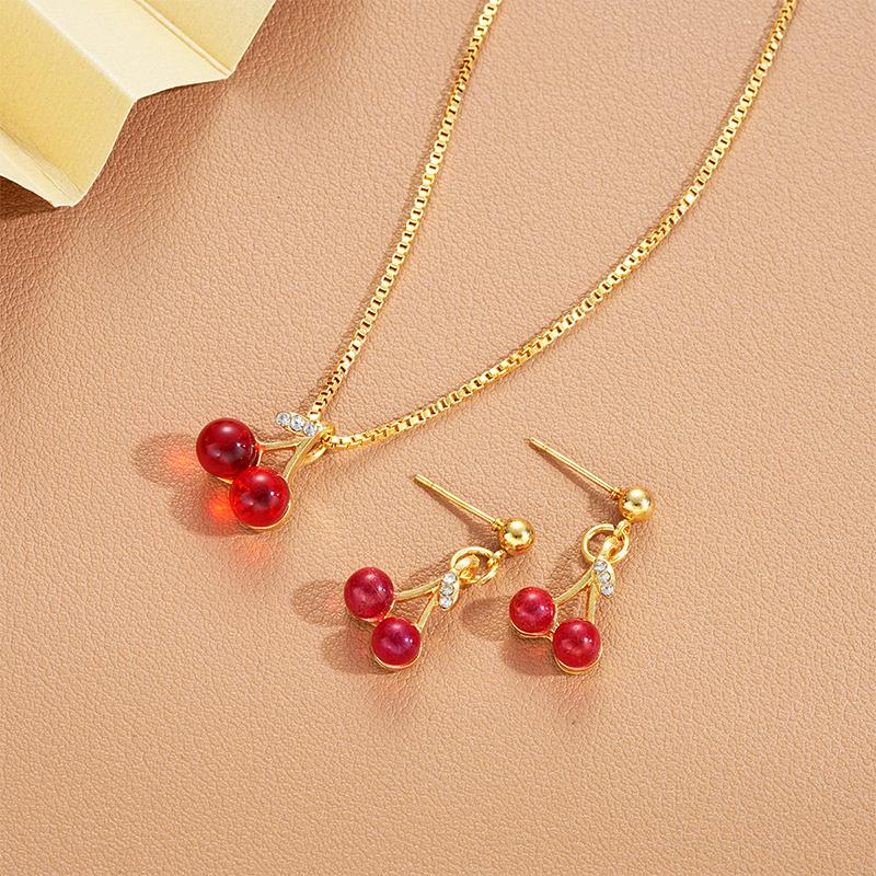 Red Cherry Pendant Necklace Stud Earrings Set Women'S  Fruit Necklace Earrings Jewery Set For Party Wedding Girls Gifts