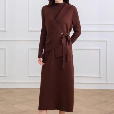 Fashion Diagonal Placket Strap V-neck Vest + Knitted Dress Two-piece Set Autumn and Winter Temperament Elegant Wind Sweater Set Women
