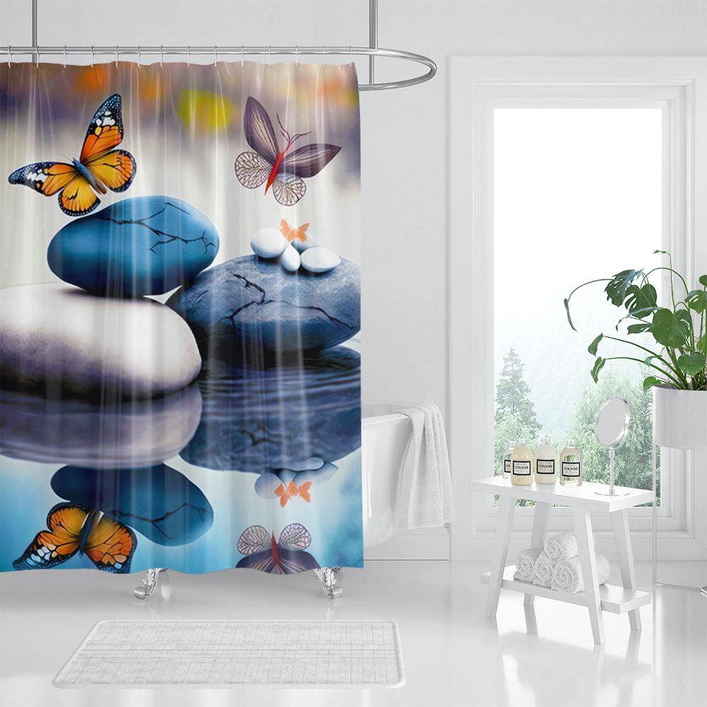 

Zen Landscape Shower Curtains Butterfly Grey Massage Stone White Flower Spa Scenery Bath Curtain Fabric Bathroom Decor Set Hooks 90x180cm-35x70in