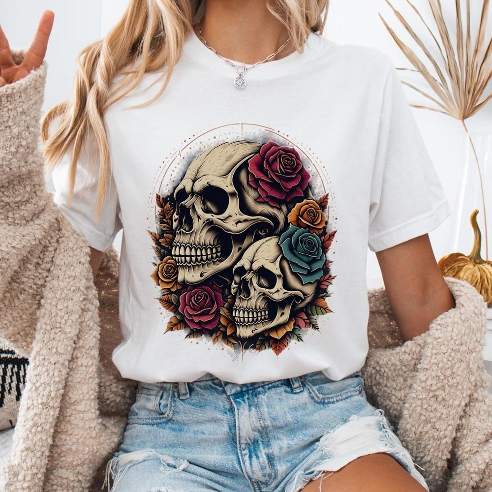 26 Винтажная футболка унисекс из плотного хлопка с черепами и розами, футболка с черепом, готическая модная футболка унисекс S