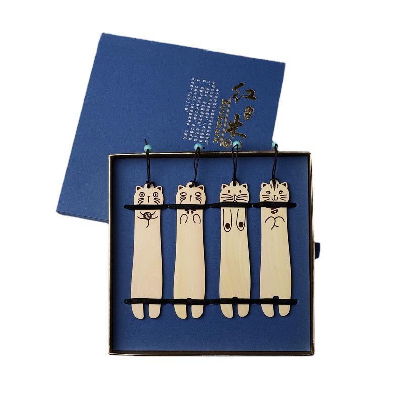 Retro Solid Wood Cat Bookmark Gift Box - Exquisite Literary Cartoon Design