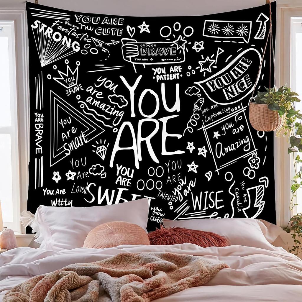 Black and White Inspirational Wall Tapestry, Positive Saying Aesthetic Decor Wall Hanging for Bedroom Kids Teen Girl Boy Dorm