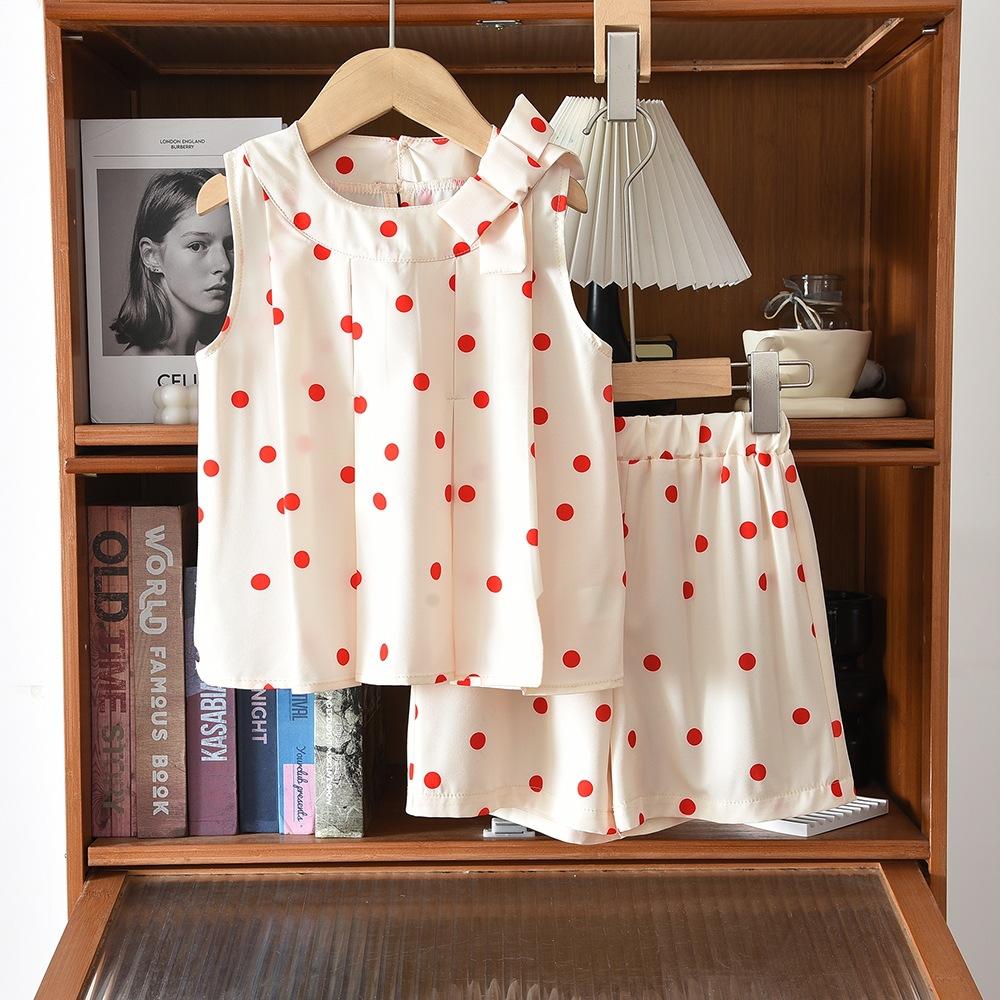 Girls Summer Polka Dot Sleeveless Babydoll Top And Shorts Set Casual Two Piece Outfit For Kids 100cm