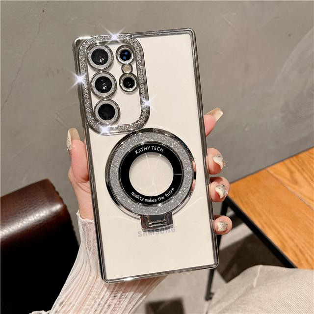 For Samsung Galaxy S25Ultra Luxury Flash Diamond Plating Frame Glitter Stand Holder Phone Case For Samsung S22 S23 S24Plus Cover