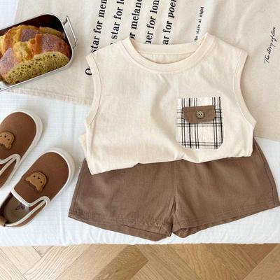 Ärmelloses Set für Jungen im Alter von 0-5 Jahren - Rundhals Karotop mit Tasche + Freizeithose - Kinder Schicke Baumwollkleidung - Größe S-XXL
