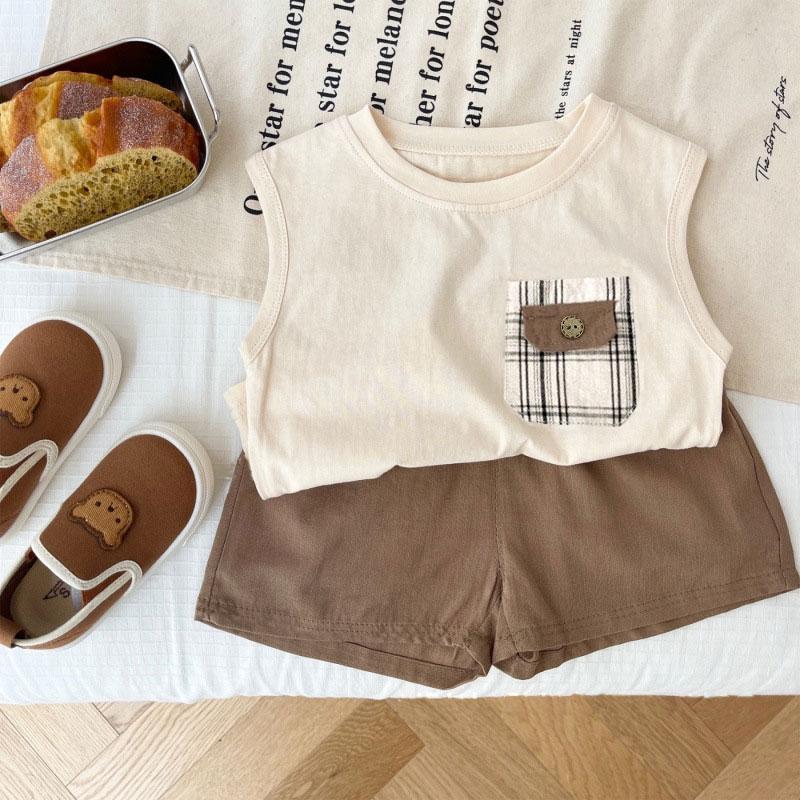 

Комплект без рукавов для мальчика 0-5 лет - Топ в клетку с карманом с круглым вырезом + Повседневные шорты - Детская красивая хлопковая одежда - Размеры S-XXL XXL бежевый