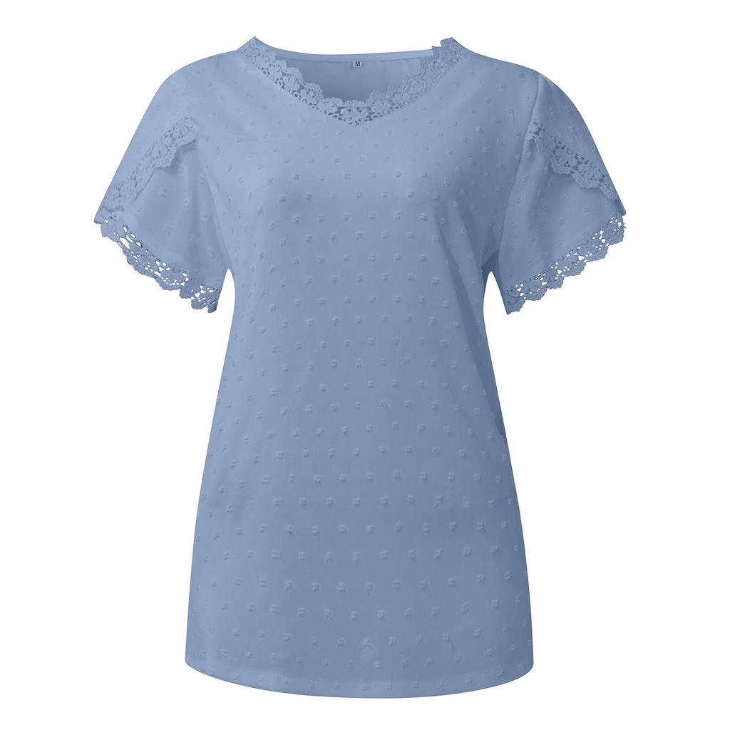 Ladies Casual Fashion Sexy Solid Color V-neck Pullover Comfortable Loose Short Sleeve Lace Sleeve Top
