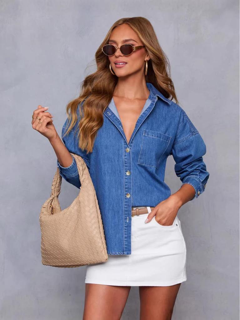 Denim Long Sleeve Casual Lapel Women's Shirt 2026 European & American Style