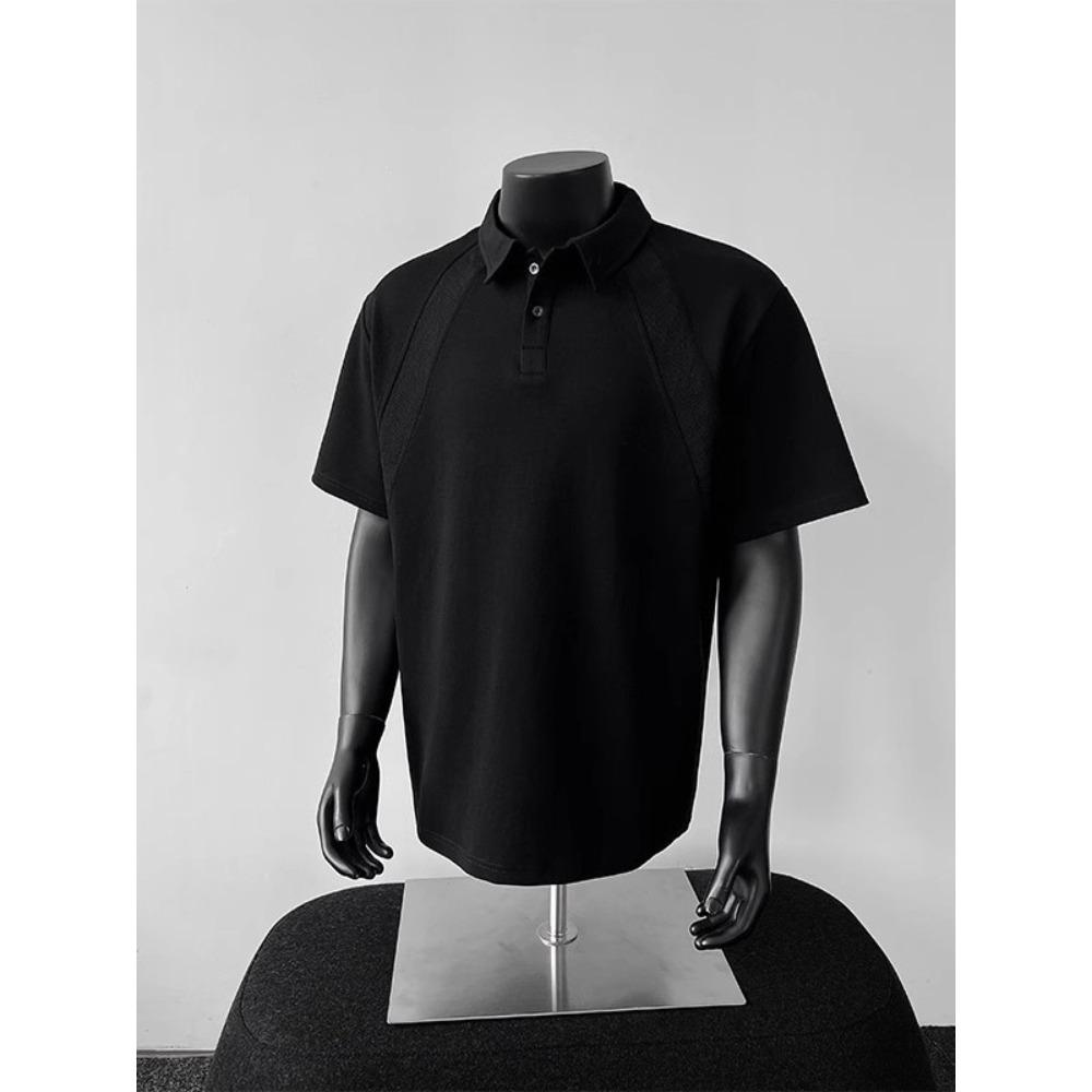 American front shoulder short-sleeved polo shirt men s summer heavy teen t-shirt lapel shoulder five-quarter sleeve top tide M чёрный