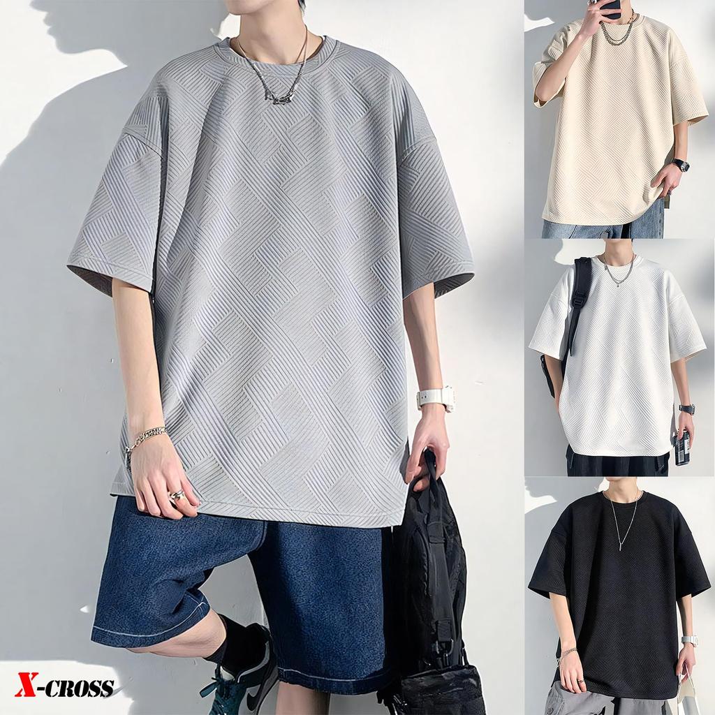 Sleeve Solid Loose Crew Big Round Korean Street Short Simple Gray X-cross Men's 3/4 T-Shirt, Color, Fit, Opaque, Stylish, Oversized, Neck, Silhouette,