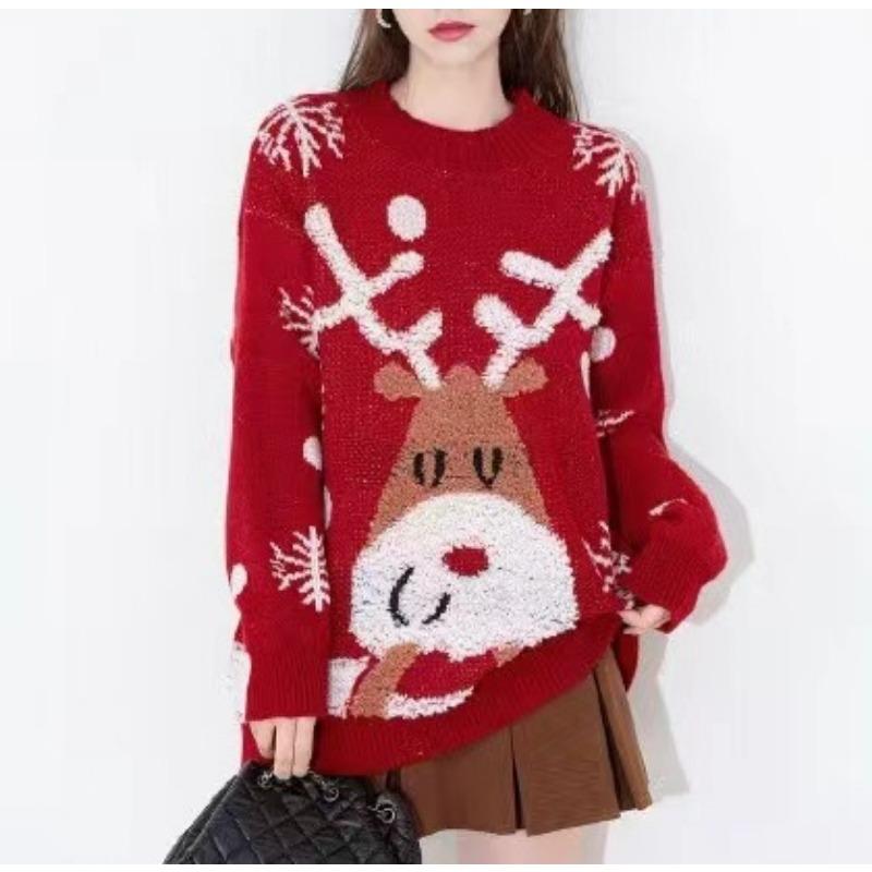 Red Autumn and Winter Knitted New Women's Clothing Deer Jacquard Knitted Sweater Crew Neck Pullover Color Matching Top