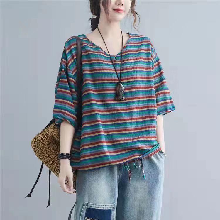 Pure Cotton Summer Loose Plus Size Women's Retro Printed Age-reducing Short-sleeved T-shirt