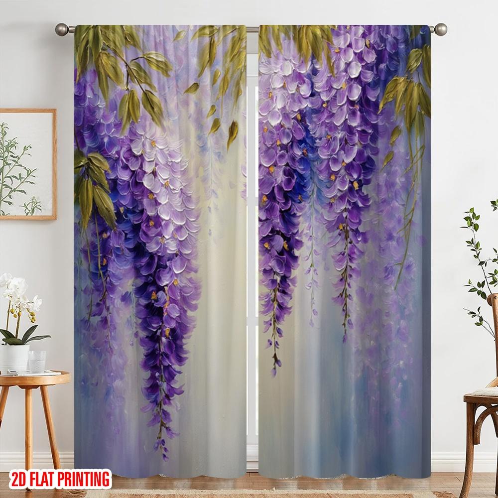 2pcs  2D plane printing Pattern Curtains Purple Wisteria Versatile Durable Polyester (without rod) Decorations For Home Use for