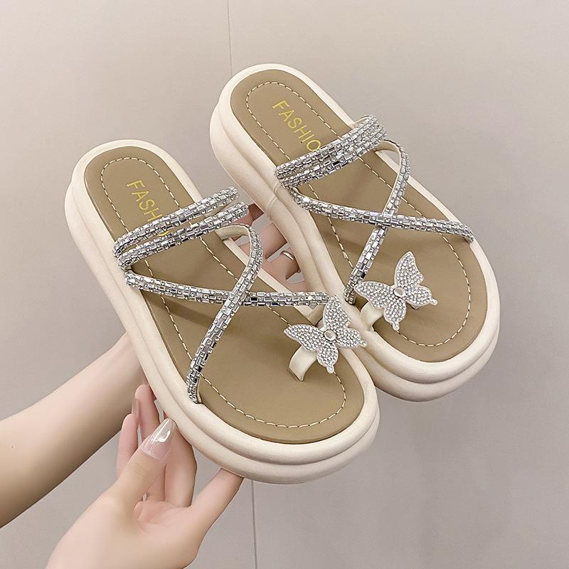 

Popular retro platform slippers women s summer outer wear 2025 new bright diamond cross-strap butterfly set toe Roman sandals 35 бежевый