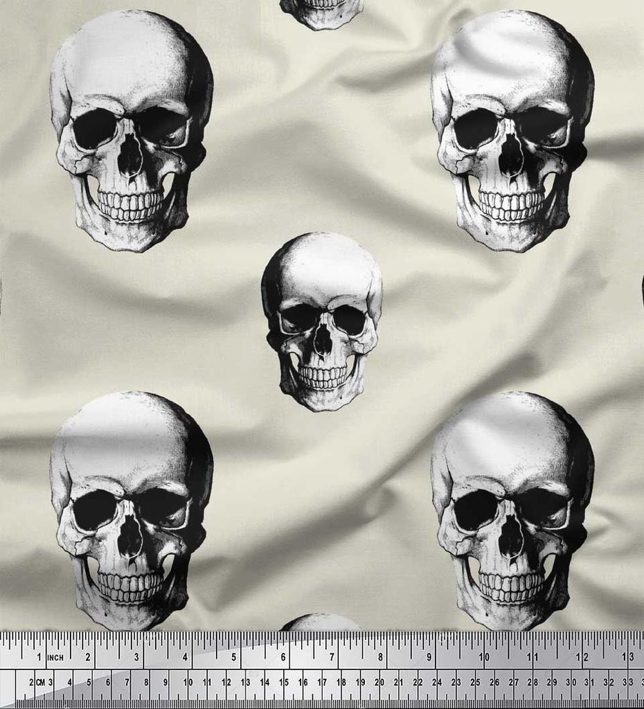 Soimoi Japanischer Krepp-Satinstoff, Horror-Totenkopf, Halloween-Druck, Meterware, 107 cm