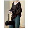 New Korean Fashion Lace Patchwork Pullover Loose Sweater Women Knitted Casual Versatile Tops Autumn and Winter V Neck Long Sleeve Solid Color Clothes