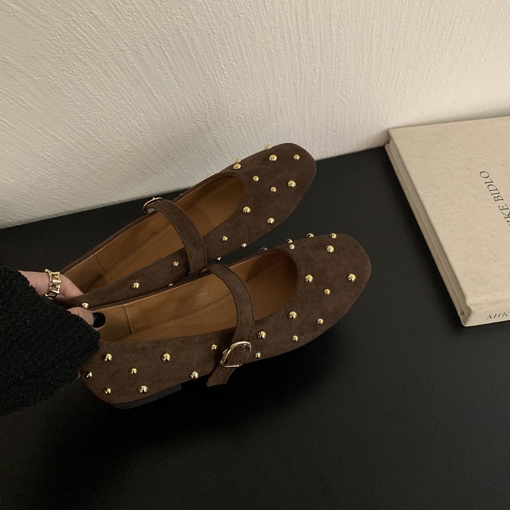 Nitaröd Mary Jane-sko dam ny fyrkantig tå låg urringning enkla skor platt sula med små läderskor