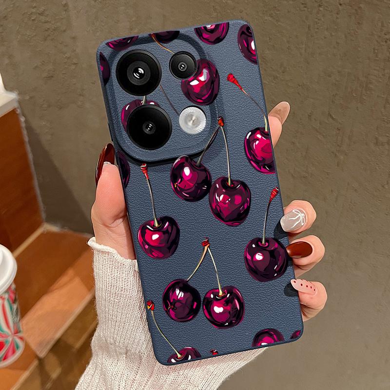 Retro Oil Painting Style Cherry Pattern Case For Xiaomi 14T 13T 11T Pro Funda Redmi Note 14 13 Pro 5G 12 11 Leather Texture Silicone Cover