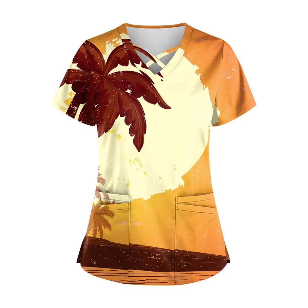 Women's Hawaii Printed Uniform Work Uniform V-Neck Pocket Protective Work Uniform