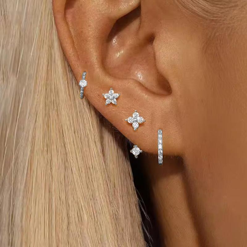 4PCS Fashion Zircon Round Hoop Earring Set Women Temperament Flower Ear Stud Huggie Earring Tragus Piercing Cartilage Jewelry