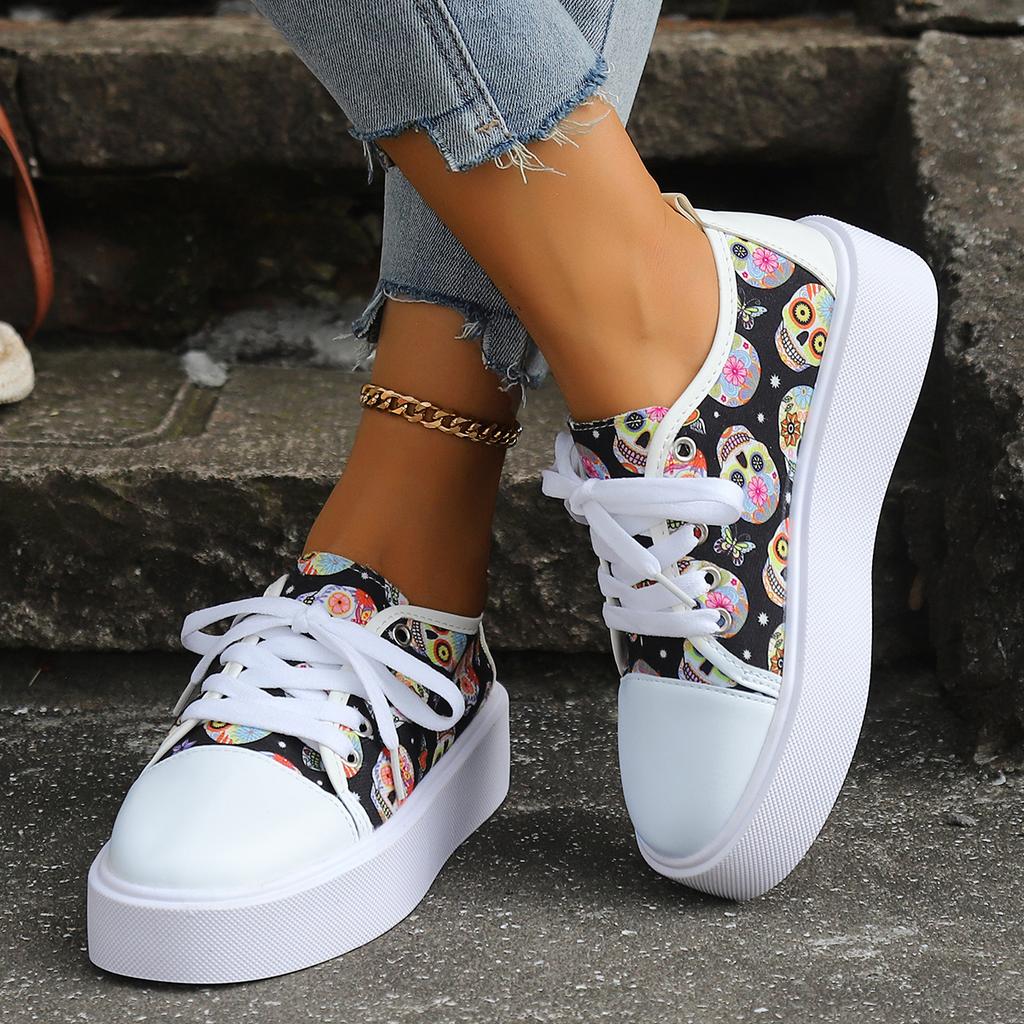 Women's Vulcanized Shoes Retro Halloween Printing Platform Sneakers Fashion Lace Up White Sport Casual Running Shoes Autumn