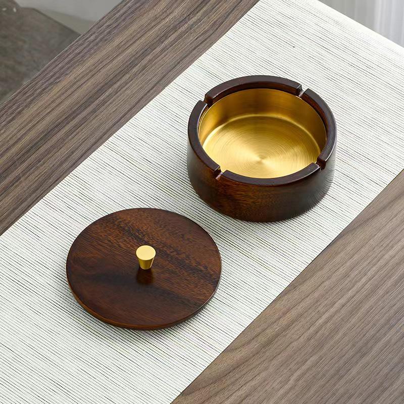 New Chinese-style Solid Wood Ashtray Stainless Steel Inner Liner with Wood Lid High-End Decoration for Home Office Living Room
