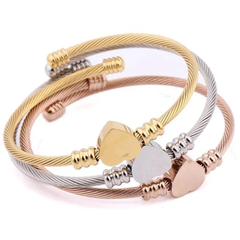 Three-color Stainless Steel Wire Braided Bracelet, Cable, Titanium Steel Heart-shaped Bracelet, Rose Gold