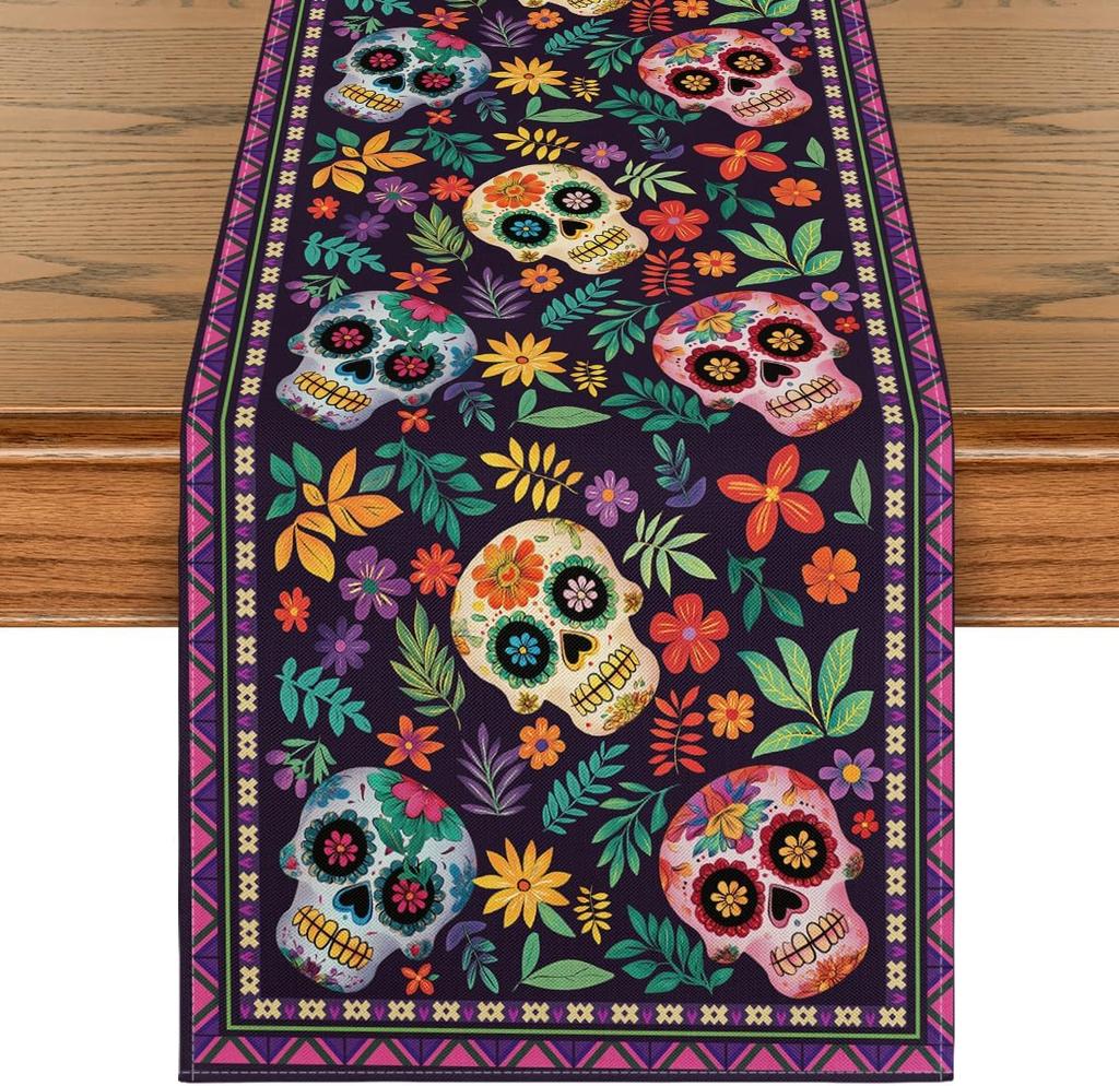 Mexican Day of The Dead Sugar Skull Linen Table Runner Tabletop Decor Dia De Los Muertos Kitchen Dining Table Runner Party Decor