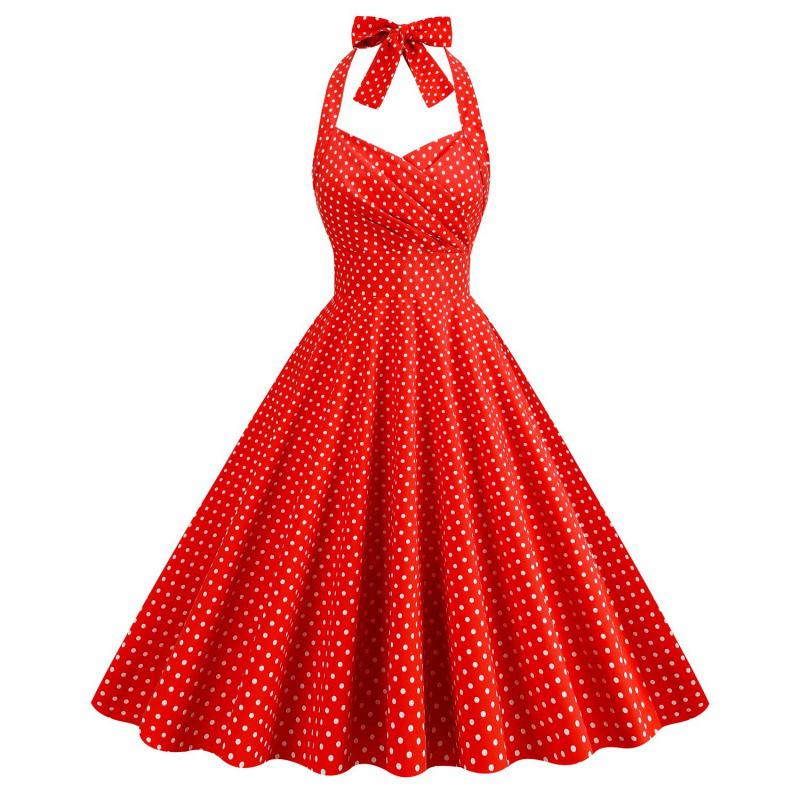 2023 Retro Polka Dot Halter Neck Backless Waist-Cinched Flare Skirt