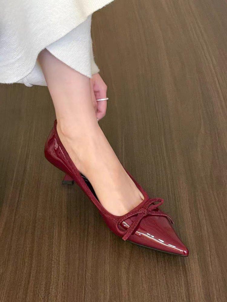 Huge good-looking~ Spring 2025 new versatile patent leather shallow mouth single shoes pointed thin heel bow high heels women