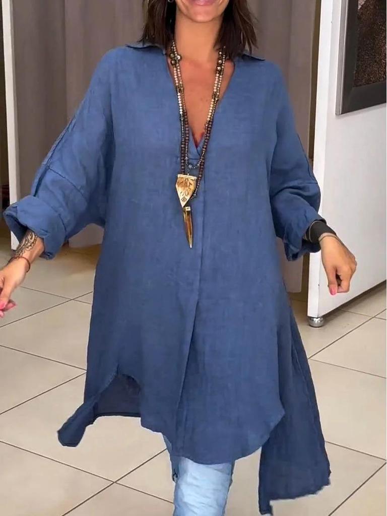 2026 European & American Summer Women's Casual Cotton-Linen Split Loose Shirt Dress