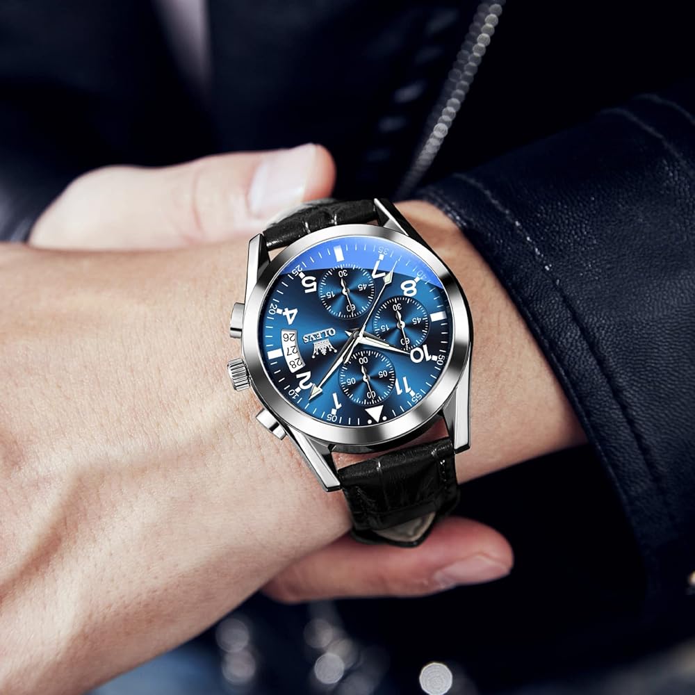 OLEVS Men's Simple Stylish Waterproof Analog Watch Black Leather Strap Arabic Numerals Date Chronograph Quartz Blue Dial