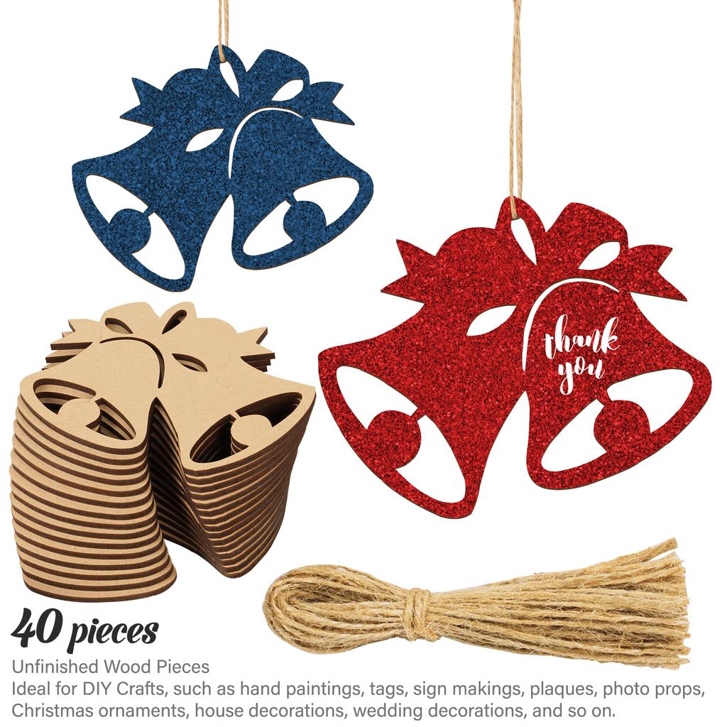 Inkdotpot 40pcs Bell Wooden Ornament with Holes 3.5" Unfinished Predrilled Natural Wood Slices for Crafts Wooden DIY Christmas Ornaments Hanging Ropes