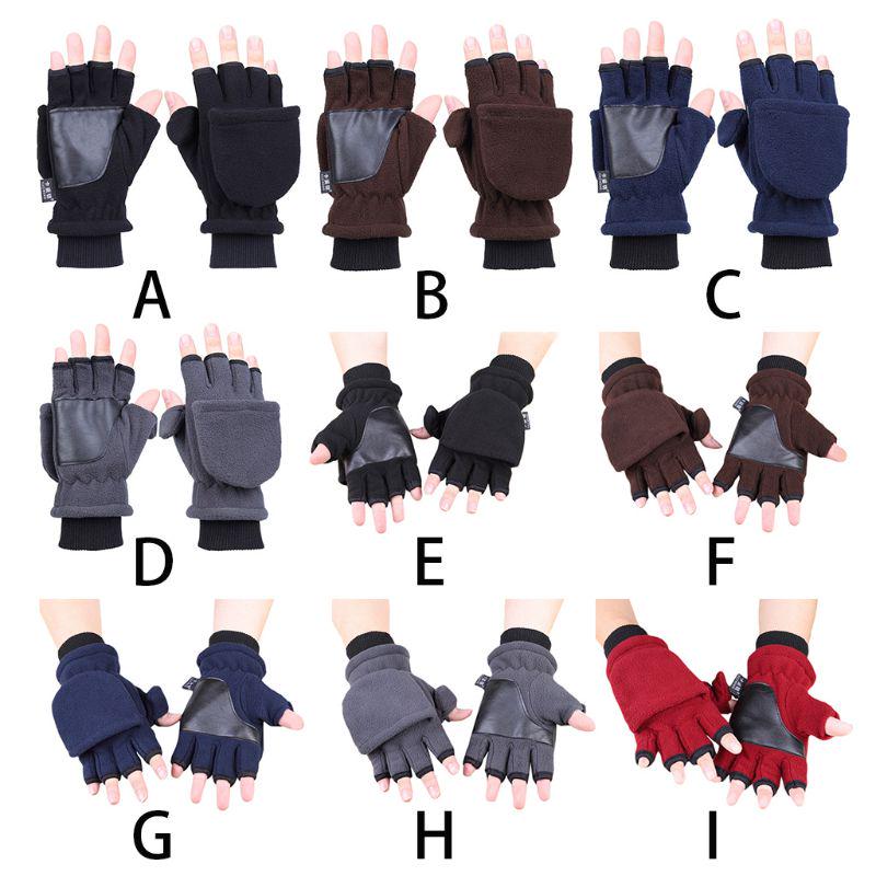 Women Men Winter Polar Fleece Half Finger Flip Gloves Double Layer Thicken Touch Screen Fingerless Convertible Mittens