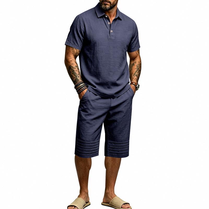 Summer Men's Casual Sportswear Sets Lapel Men's Short-Sleeved Shirt and Shorts Solid Beach Set