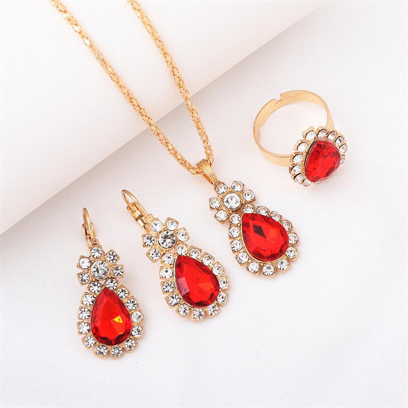 Red Rhinestone Waterdrop Jewelry Set for Women Classic Fashion Earrings Necklace Ring Crystal Bridal Birthday Girl Gift Wedding