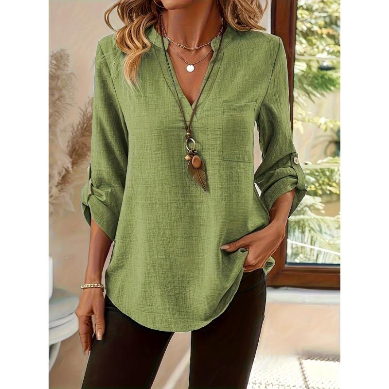 Casual V Neck Large Size Loose Women Blouse Fashion Elegant Tops Pocket Short Sleeve Simple Office Shirts Spring Solid Color Cothing