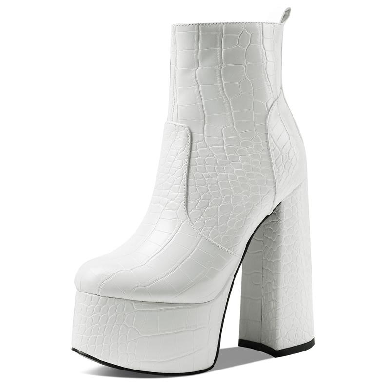 Sexy Dame Ankelstøvletter Plattform Cowboystøvletter For Damer Blokkhøye Hæler Glidelås Svarte Hvite Korte Festsko Kvinne Nye 2025