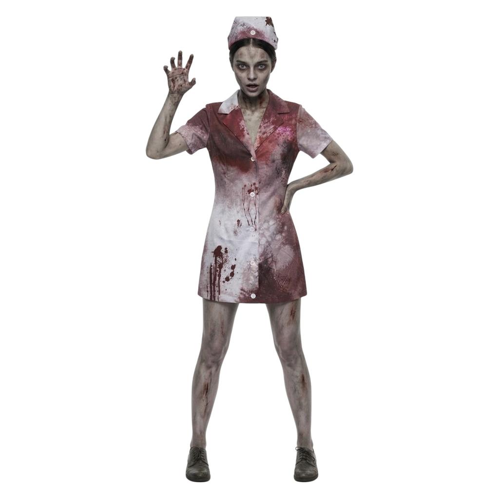 Adult Halloween Nurse Costume Dress Set Bloody Print Short Sleeve Button Front Mini Dress with Matching Hat for Costume Party Role Play