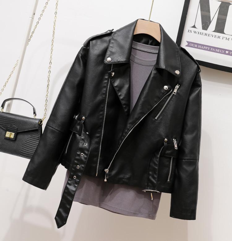 2024 autumn new Korean version shoulder badge thin leather jacket waist lapel short jacket loose knight leather jacket