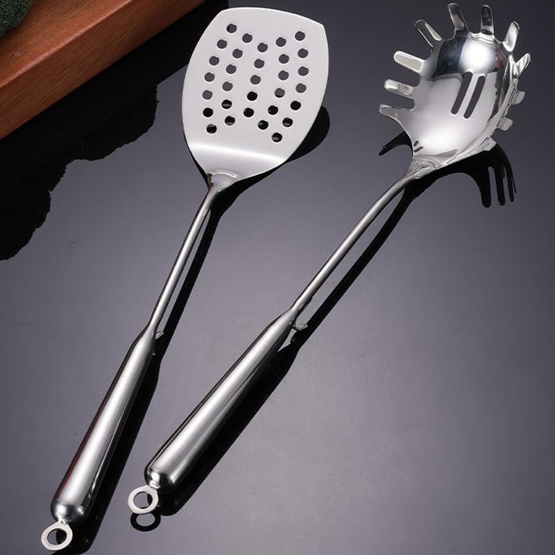 

Durable Stainless Steel Hollow Frying Spatula And Pasta Fork Set With Handle Heat Resistant Design Kitchen Cooking Tools серебряный