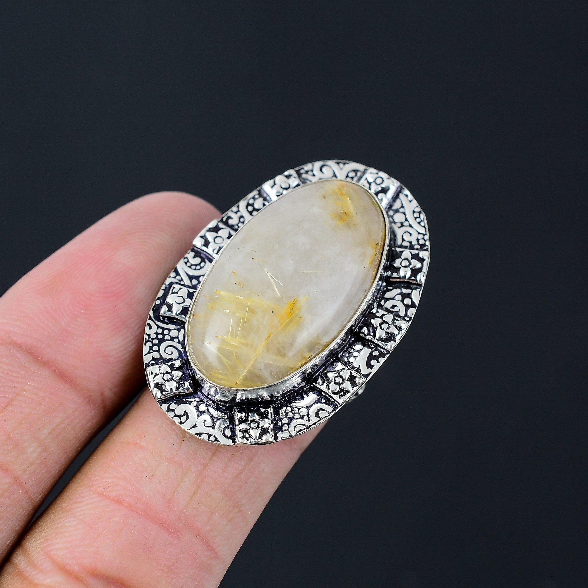 Gift For Women Solitaire Ring Size 7.5 925 Silver Natural Golden Rutile Gemstone 7.5