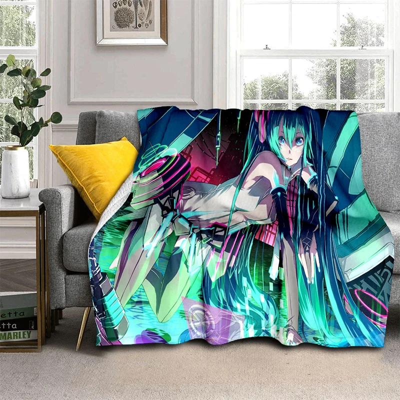 3D M-MIKUS Music VOCALOID Cartoon Girl Soft Plush Blanket,Flannel Throw Blanket for Living Room Bedroom Bed Sofa Cover Gift