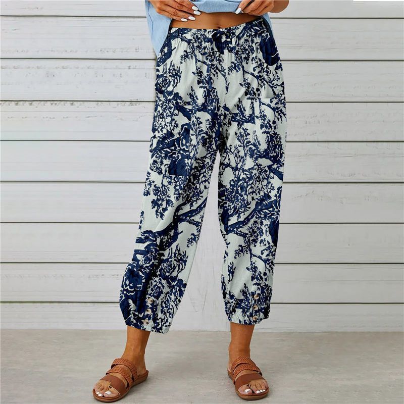 Women Linen Capri Pants Wide Leg Drawstring Cropped Pants