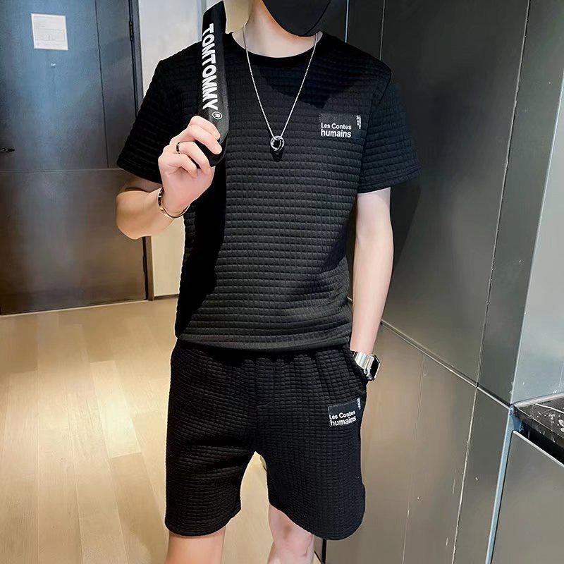 Herr Trendig Våfflad Kortärmad T-shirt och Shorts Sommarset