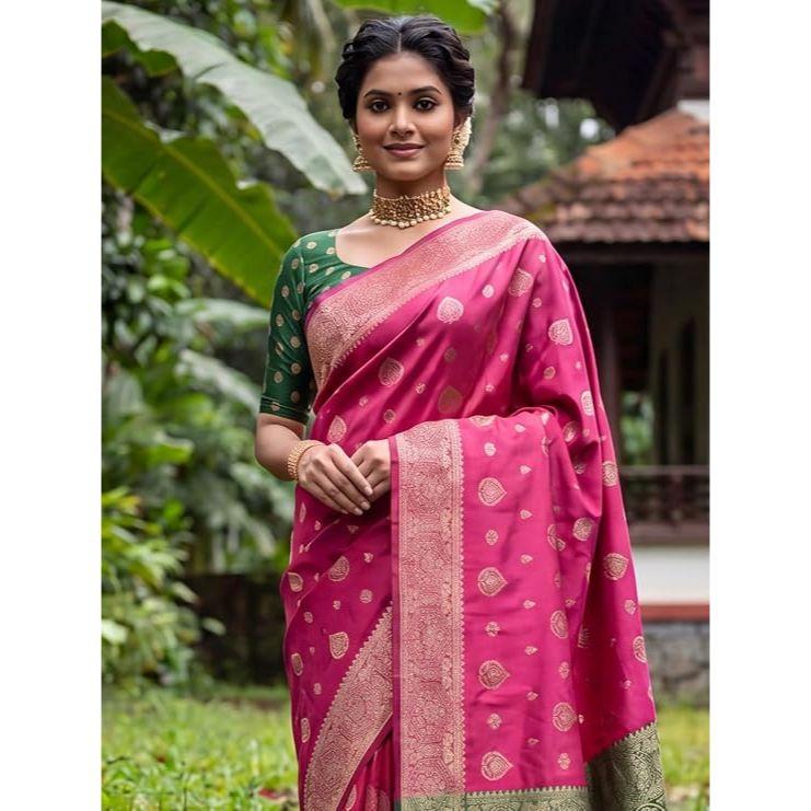 Premium Pink Litchi Silk Saree with Green Blouse – Zari Butta Woven Elegance
