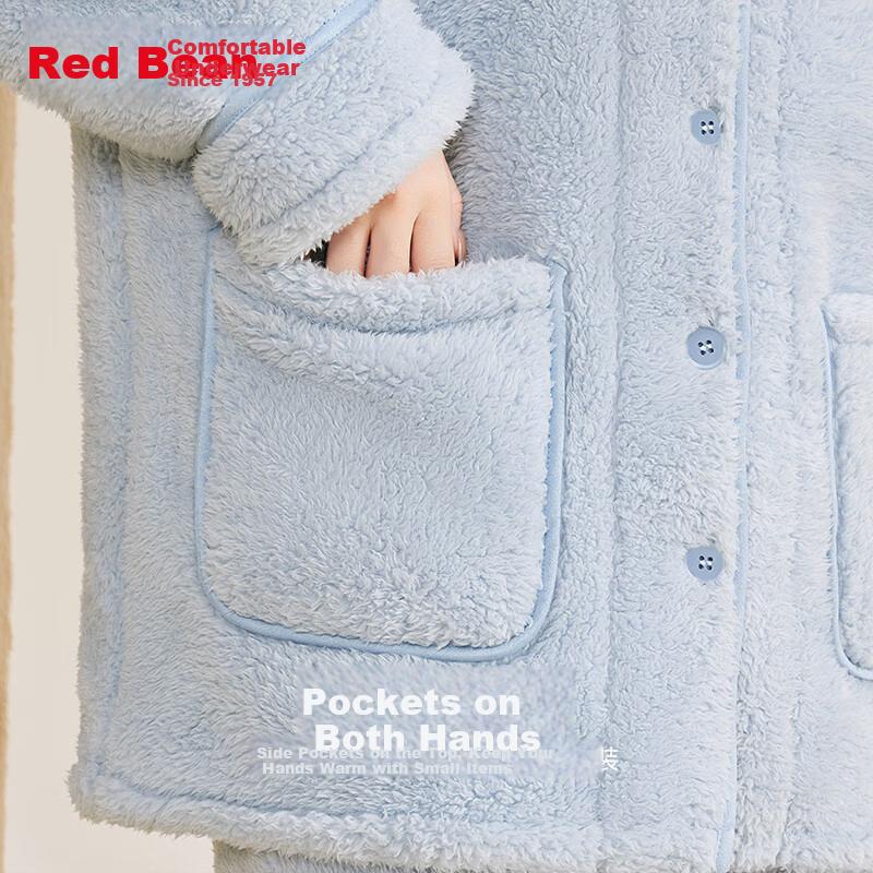 Hongdou Fleece Thickened Simple Couple Cardigan Warm Homewear Set Pajamas