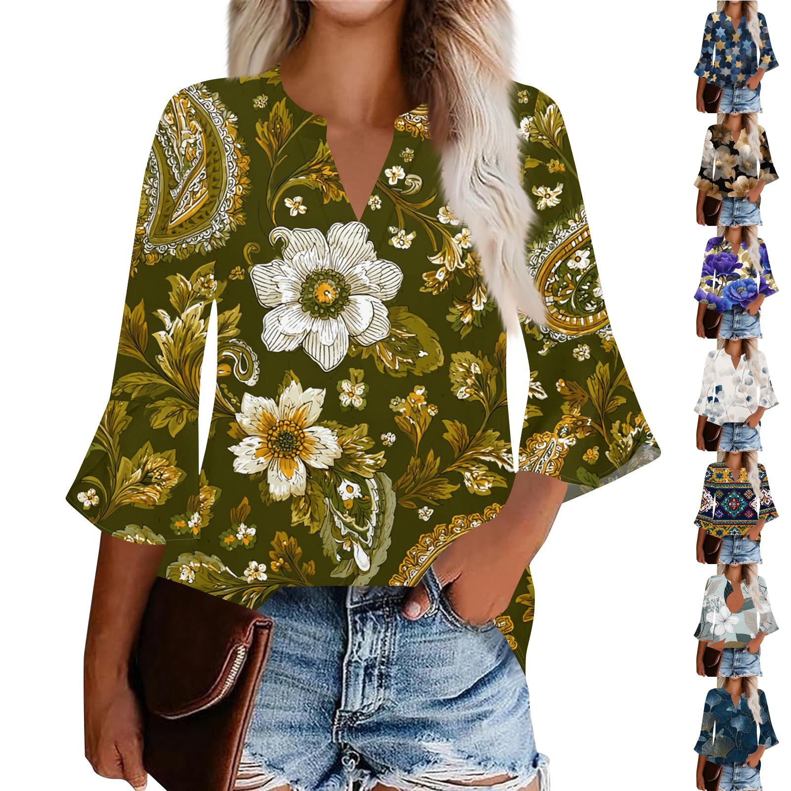 

Women s Casual Fashion Floral Printed Cropped Sleeve Round Neck Top XL білий