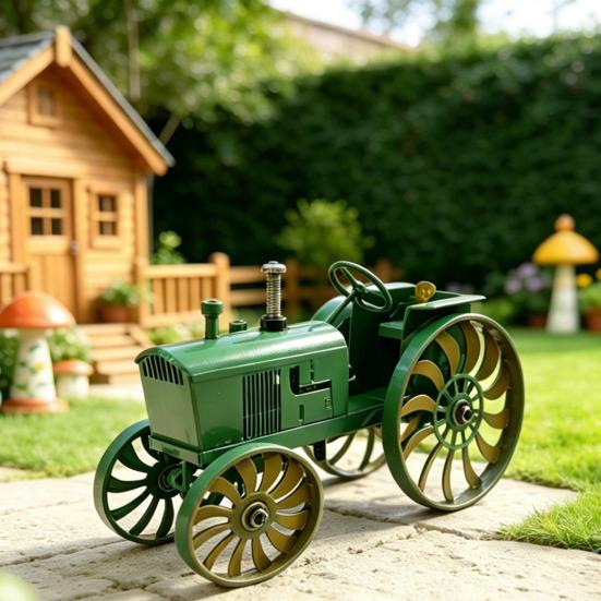 Garden Wind Spinner Kinetic Tractor Wind Sculpture with Rotating Wheels Outdoor Metal Windwill with Stake for Flower Bed Lawn Patio