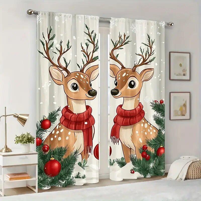 Christmas Reindeer Print Curtains Pole Bag Bedroom Living Room Decoration Home Curtain Polyester Perfect For